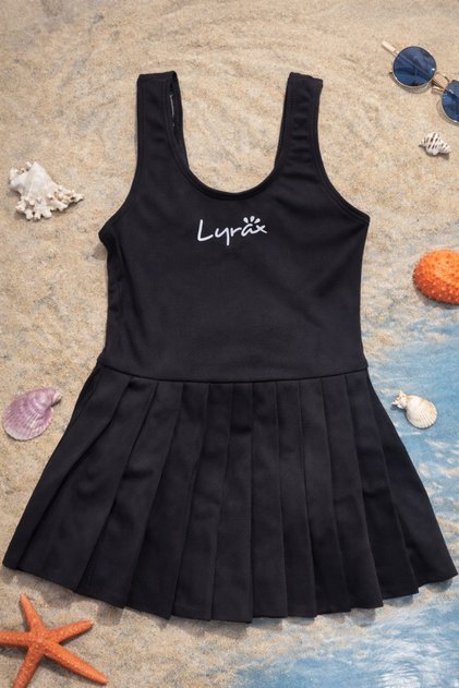 Girls' Swimsuit Dress Black Skirted Pleated One-Piece Swimsuit