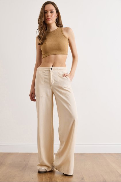 Women's Cream Bag Pocket Lyocell Soft Flowing Trousers Pnt-19000402
