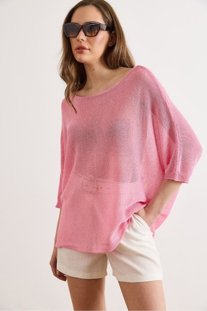 Women's Candy Pink Boat Neck Bat Mercerized Knitwear Blouse Blz-19003277