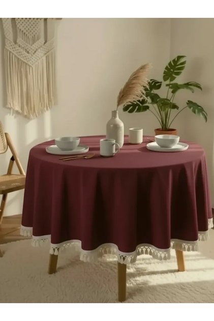 Burgundy Cotton Linen Raw Pompom Round Tablecloth