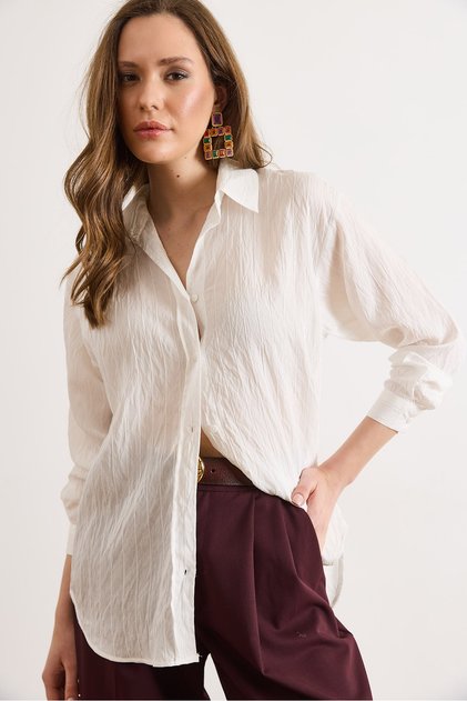 Women's White Textured Striped Boyfriend Shirt Gml-19001435