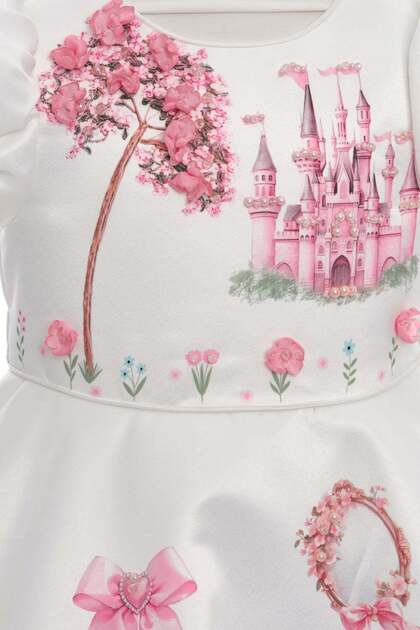 Pamina Girl's Princess Castle Patterned Embroidered Birthday -Party Dress  with Headband Ecru (3-7 Years)- Trendyol