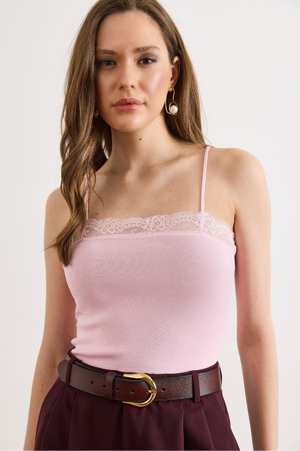Women's Candy Pink Thin Strap Lace Detailed Viscose Knitwear Athlete Blouse Blz-19003301