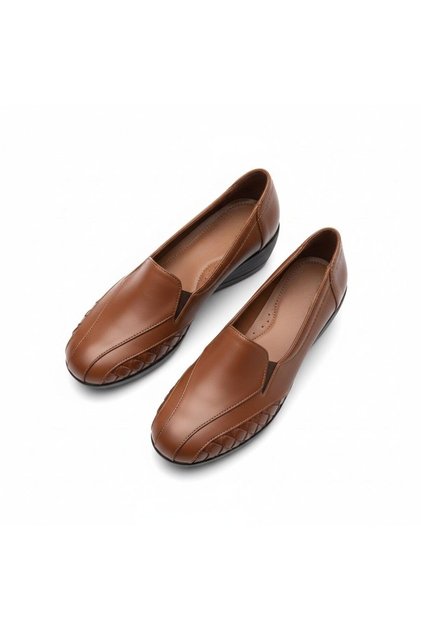 Tan Leather Knitted Detailed Women's Orthopedic Shoes with Elastic on Both Sides and Feta Sole