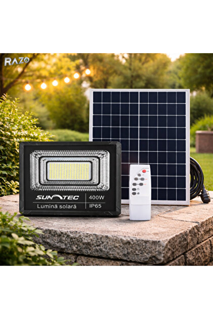 Proiector solar 400W model mic, IP67, Telecomandă, Iluminare puternică, Panou solar inclus