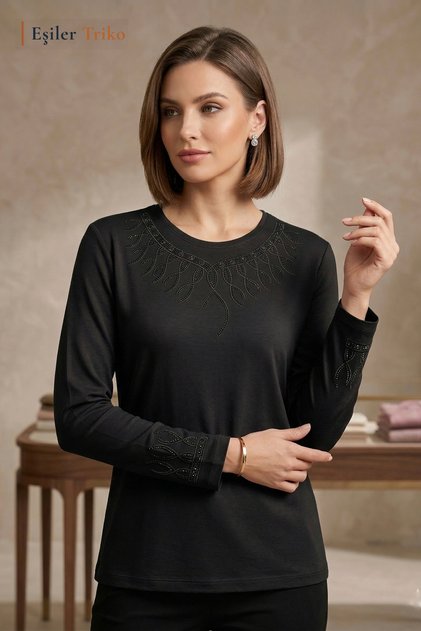Women's Black Spring Bunch Pattern Embroidered Collar and Sleeves, Stoned Mother Combed Cotton Blouse