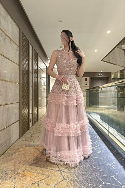 TOP BERLANTY Pink "Elena" Dress - Royal Elegance with Crystal and Tulle  Details- Trendyol