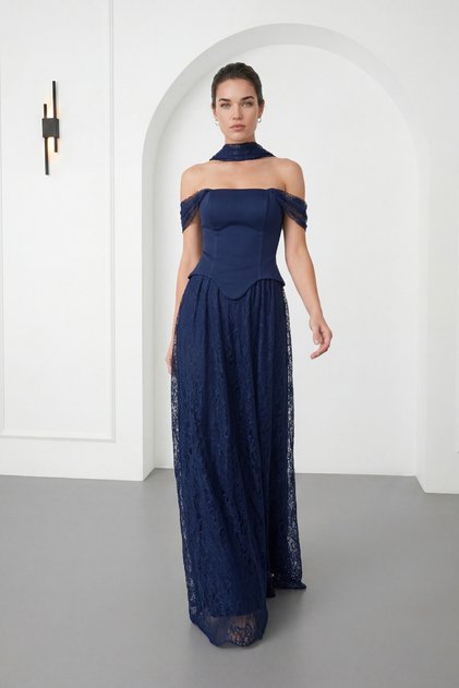 Women's Navy Blue Boat Neck Shawl Collar Lace Detail Long Evening Dress