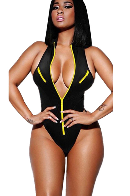 Costum de baie dama, negru, inchidere cu fermoar, slip brazilian, EFAYN