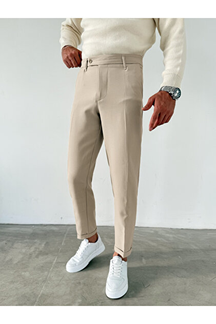 Elastic Waist Slim Fit Double Leg Fabric Trousers