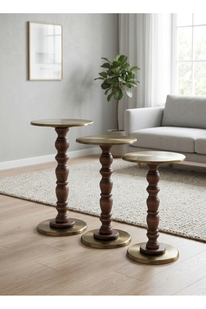 3'lü Ahşap Metal Sehpa Pirinç Kaplama 50-55-60 cm Naturel Ceviz Zigon Sehpa Modern Yan Sehpa Seti
