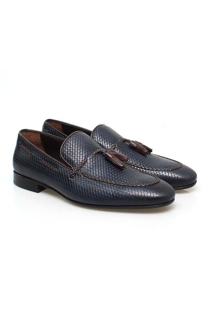 Dark Blue Color Laceless Genuine Leather Men's Shoes