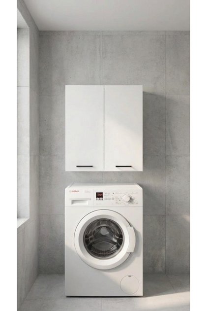 Modern Banyo Dolabı 60 cm – Beyaz & Ahşap, Kapaklı, Raflı Depolama