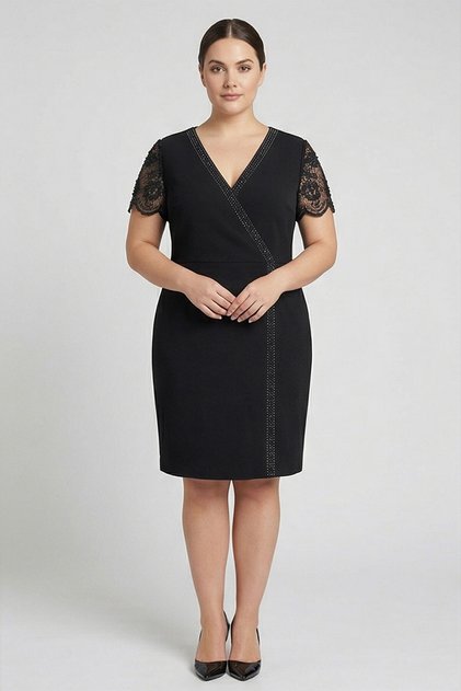 Ay Kol Dantel İthal Boncuk İşlemeli Siyah Renk Büyük Beden Elbise