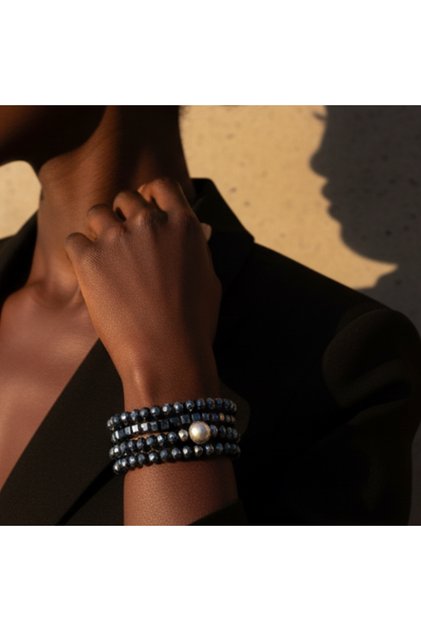 Navy Blue Crystal Stone Silver Color Detailed Multi-Layered Design Bracelet