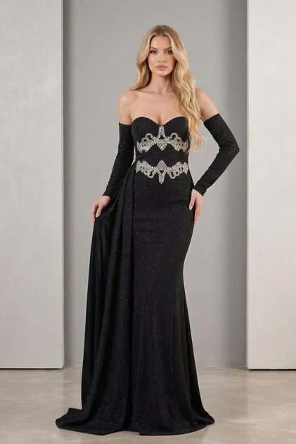 Front Beaded Stone Embellished Glittering Fukuro Strapless Evening Dress - with Detachable Sleeves and Train 1021