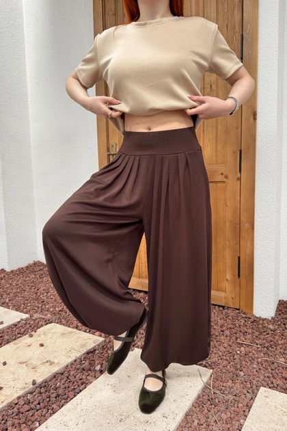 Women's Bitter Brown Elastic Waist Comfortable Cut Wide Leg Tiril Shalwar Trousers