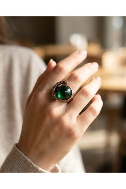 Bronze Vintage Women's Ring Authentic Jewelry Round Green Crystal Stone Adjustable from Front