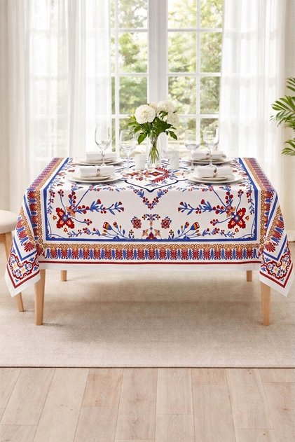 Soft Textured Printed Blue Tile Pattern Rectangular Kitchen Living Room Garden Balcony Tablecloth
