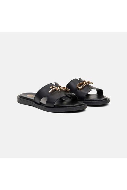Women's Black Leather Slippers with Metal Buckle Accessories