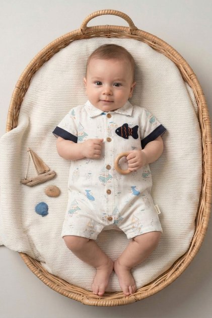Eid 100% Cotton Muslin Baby Boy Romper with Fish Accessories, Jumpsuit
