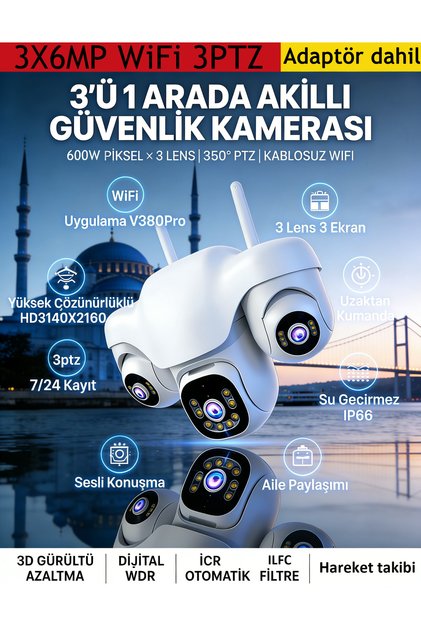 3 Kamerali 3 PTZ 3X6MP WiFi lle Calisan Guvenlik Kamerasi Full Hd IP66 360°