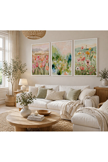 Pastel Floral Patterned 3-Piece Painting Set Framed – Modern Living Room & Bedroom Wall Decor