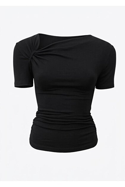 Kadın Asimetrik Yaka Drape & Büzgü Detaylı Bluz