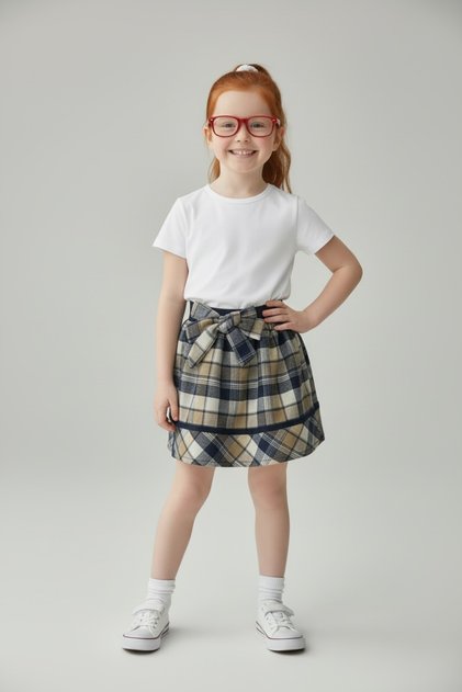 Girl's Plaid Navy Blue Beige White Elastic Waistband with Bow on the Front Unlined 9258
