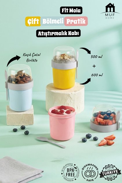 Fitmola Double Compartment Yogurt and Muesli Container with Fork (300+600 ml) Snack Diet Nutrition Box