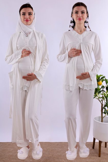 Comfortable Cut Maternity Pajama Set with Hijab Effortt - Ecru