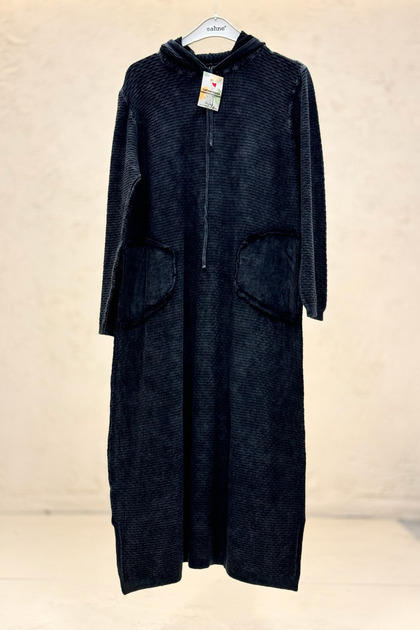 Self-Patterned Hooded Organic Cotton Dress with Pockets