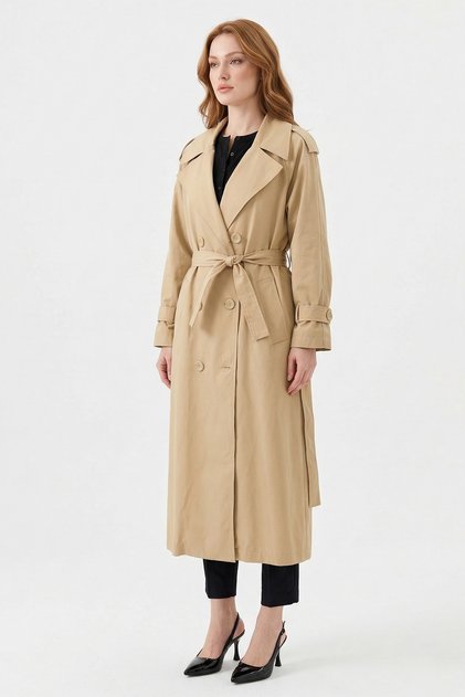 Alleri Button Detailed Double-Breasted Cotton Trench Coat 844 Honey Foam