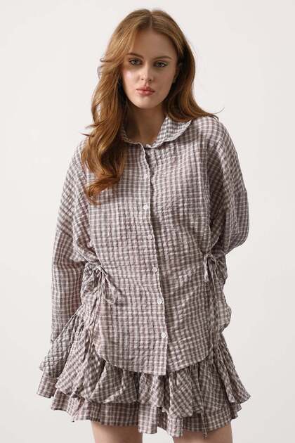 Checkered Pattern Bowknot Women's Trendy Shirt