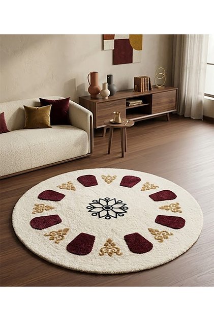 SDT Klasik Türk Çay Tabağı Motifli Krem ve Bordo Dokuma Taban Dekoratif Halı sdt625