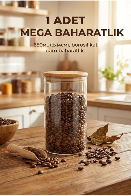 Vakumlu Bambu Kapaklı Cam Baharatlık 650 ml - 8x14 cm Mega Boy Tekli Saklama Kabı Kavanoz