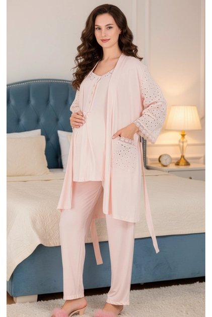 Women's Scallop Lace 3-Piece Maternity Pajama Set with Dressing Gown