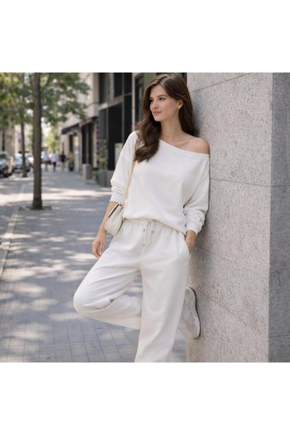 Women's Off-White Modal Fabric Off-Shoulder Top and Bottom Set