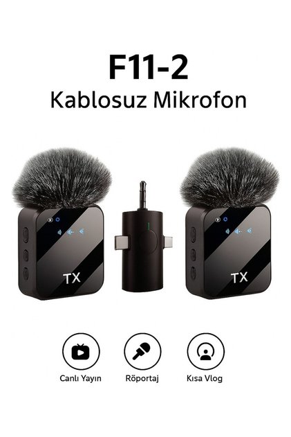 F11-2 Profesyonel 2 Li Kablosuz Yaka Mikrofonu 3in1 Mikrofon Type-C/lightning/jack