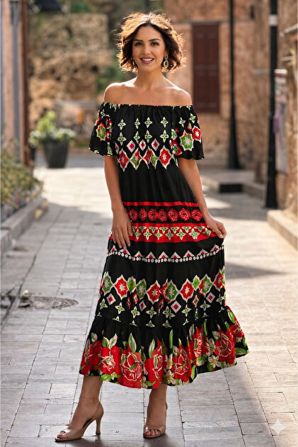 V136-Gipsy Patterned Madonna Collar Dress