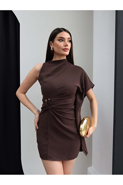 My Blog Brown Buckle Detailed One-Sleeve Draped Mini Dress - 8265- Trendyol