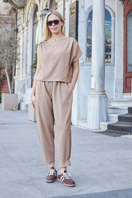 Women's Linen Look Boat Neck Asymmetrical Pleated Gathered Blouse-Camel