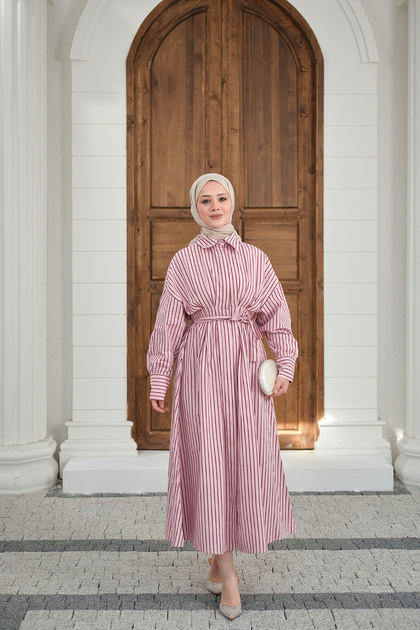 LOCCO Kadın Çizgi Detay Bel Bağlamalı Elbise Pembe - Fiyatı, Yorumları