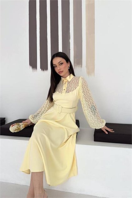 Women's Yellow Shirt Collar Transparent Top Detailed Belted Midi Length Dress Nbk4581