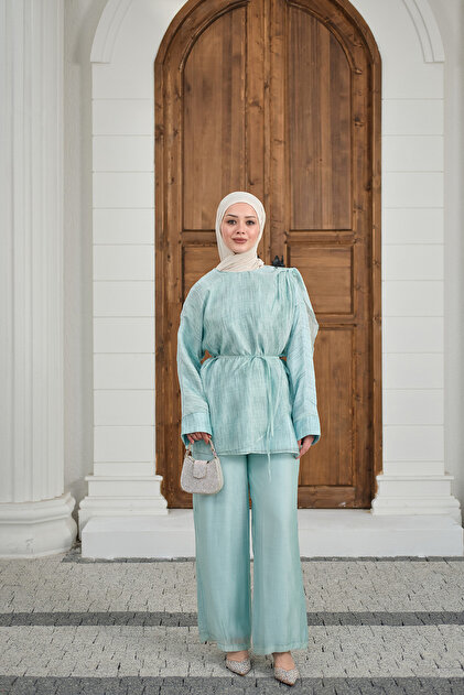 Women's Collar Shawl Detail Waist Tie Set Turquoise