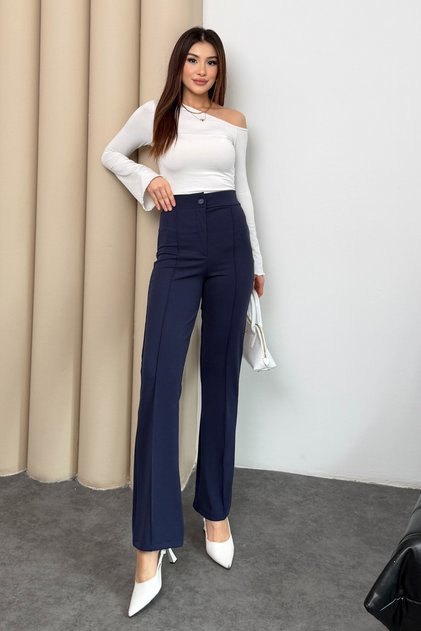 Women's High Waist Buttoned Zippered Lycra Navy Blue Straight Casual Ribbed Palazzo Trousers