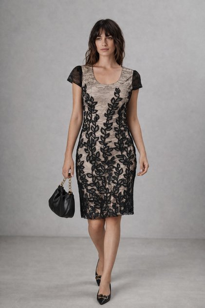 Rochie elegantă neagră conică din dantelă cu paiete, elastică
