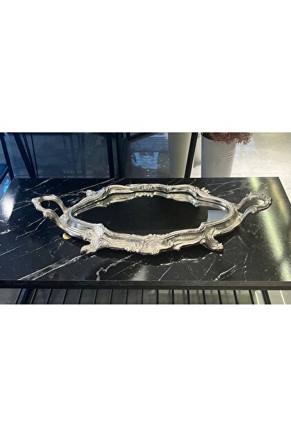 Gümüş Oval Aynalı Metal Dek Tepsi 71x40cm