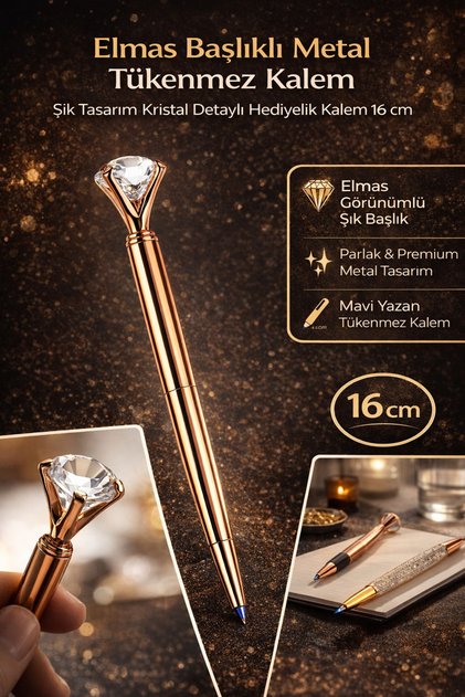 Elmas Başlıklı Metal Tükenmez Kalem Şık Tasarım Kristal Detaylı Hediyelik Kalem 16 cm
