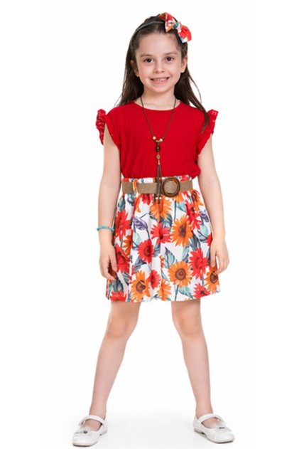 Girl's Blouse, Ruffled Skirt, Belted, Floral Patterned, Red Color, Two-Piece Set with Necklace